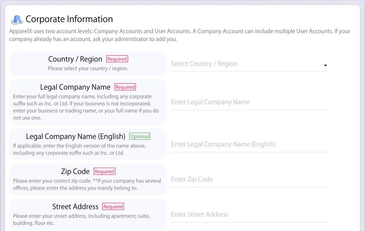 La sezione Informazioni sull’attività della pagina Registrazione account