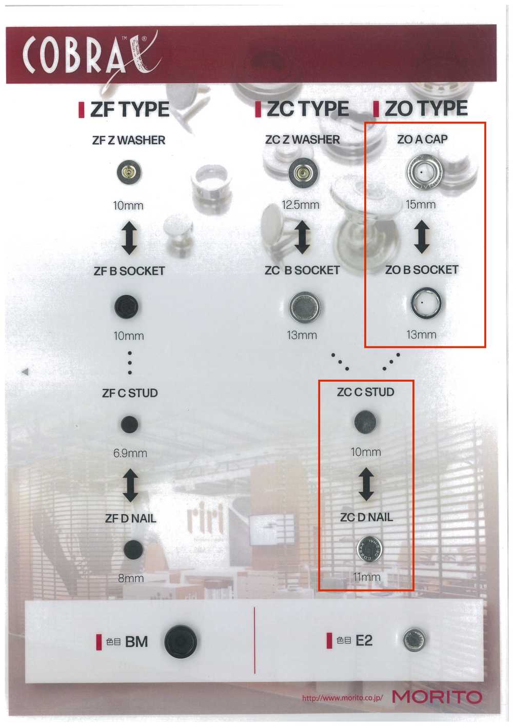 ZO-A/B/C/D COBRAX® ZO 4SET (CAPPUCCIO/PRESA/PERNO/PERNO)[Chiusura A Pressione/rondella Ad Occhiello] Morito