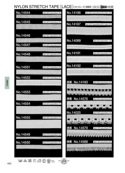 14187 Nylon elasticizzato (per tintura successiva) (Merletto Comet) (ca. 14 mm)