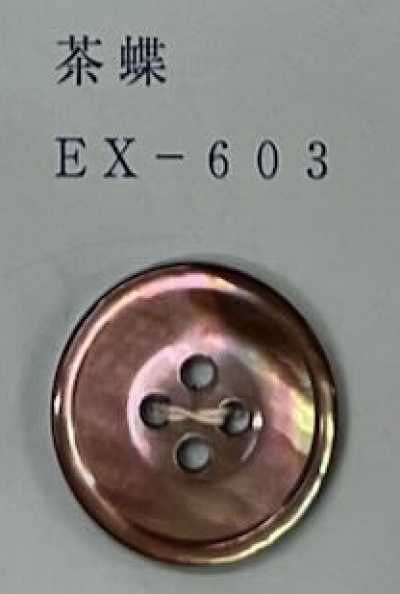 EX603 Bottone in conchiglia marrone a farfalla con bordo, 4 fori