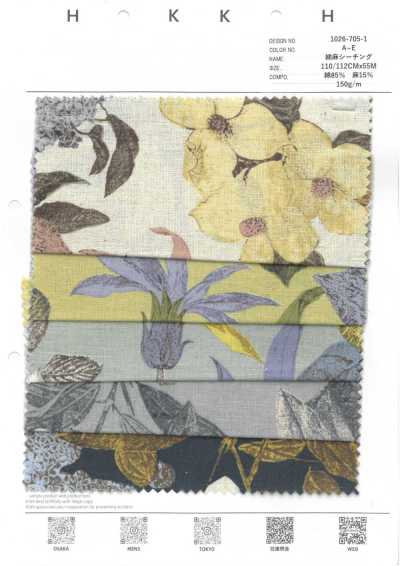 1026-705-1 Tela grezza in cotone e lino con fiore inciso