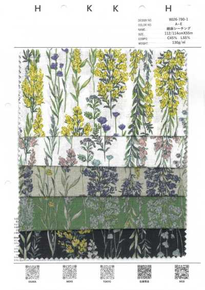 8026-790-1 Tela grezza in cotone e lino a righe e fiori