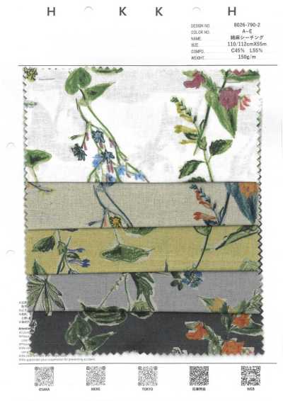 8026-790-2 Tela grezza di cotone e lino con fiori disegnati a mano