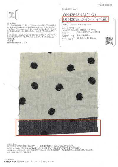 ON43698ID Ricamato a pois da 4 pollici effetto denim in cotone e lino (stile indigo)