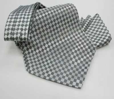 MS-5005 Set cravatta ascot annodata a mano e fazzoletto da taschino a quadri grigi