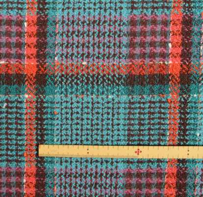 Y6513 Tessuto tweed LINTON Prodotto in Inghilterra, motivo a quadri blu turchese e rosso