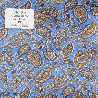 URJ-003 Fodera stampata 100% Cupro di produzione italiana, motivo paisley blu