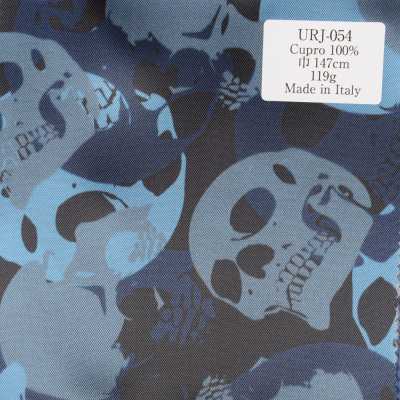 URJ-054 Fodera stampata 100% cupro di produzione italiana con motivo a scheletro nei toni del blu