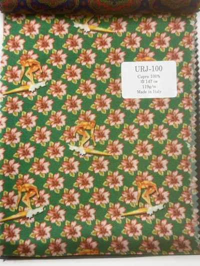 URJ-100 Fodera stampata 100% cupro prodotta in Italia, motivo floreale, verde