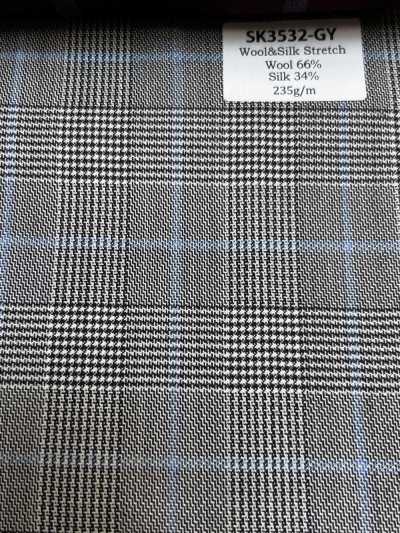 SK3532-GY Classico tessuto a quadri grigio elasticizzato in seta e lana, prodotto in Giappone