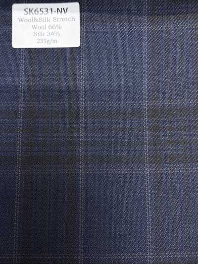 SK6531-NV Seta e lana elasticizzata a quadri blu navy, prodotto in Giappone
