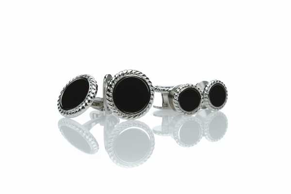 A-1 Set formale di gemelli e bottoni da camicia in argento sterling, onice, argento, rotondi