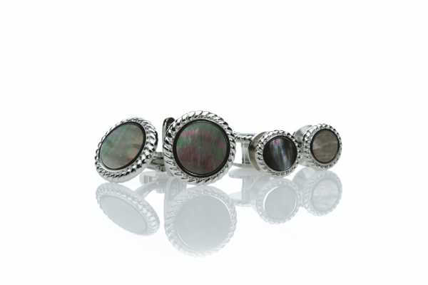A-2 Set di gemelli e bottoni da cerimonia in argento sterling, madreperla nera, rotondo, argento