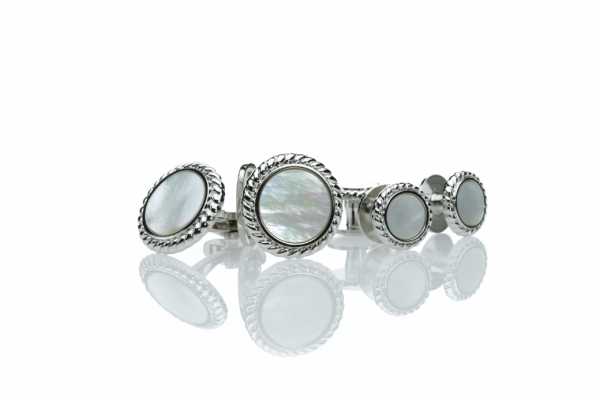 A-3 Set di gemelli e bottoni da camicia formali in argento sterling con madreperla bianca, argento, rotondo