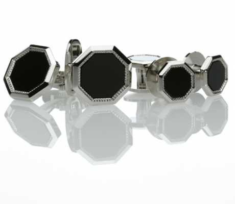 G-1 Set formale di gemelli e bottoni Onice Argento Ottagonale