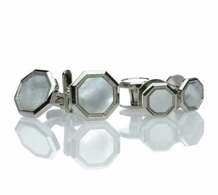 G-3 Set formale di gemelli e bottoni da camicia Madreperla Argento Ottagonale