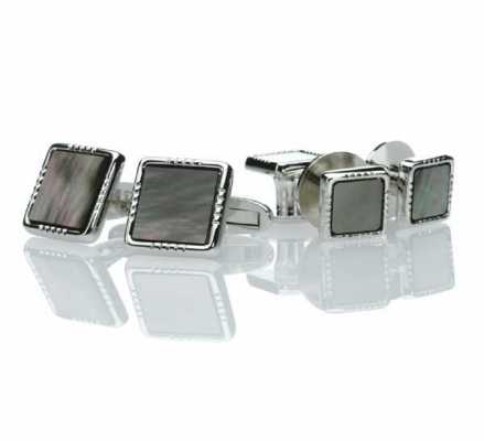 P-2 Set di gemelli e bottoni da camicia in argento sterling, madreperla nera, quadrato argentato