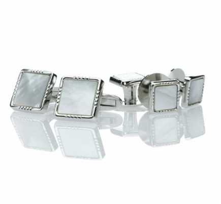 P-3 Set da polsini e bottoni da camicia elegante in argento puro, madreperla bianca, quadrato argento